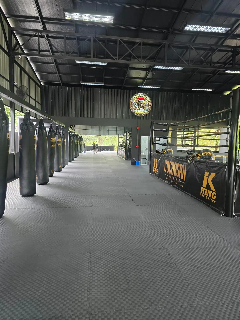 The training hall with heavy bags and the ring